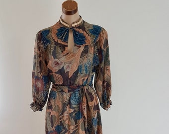 Vintage 70s Blue Gold Floral Tiered Dress with Belt, Solo Australian Made size 8