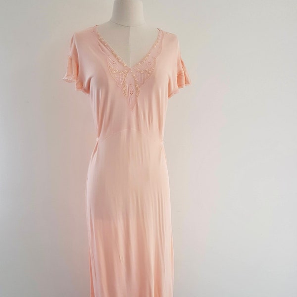 Antique Vintage 30s Peach Pink Long Nightgown, Lace Trim, Bonds Australian Masde Size 8