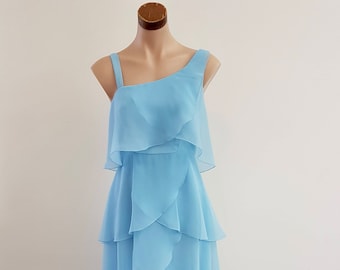 Vintage 70s Baby Blue Tiered Chiffon Maxi Dress, Mary Charmaine Australian Made, Size 8-10