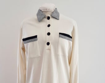 Vintage 90s Cream Black Rugby Polo Top with Pockets, Size AU 12