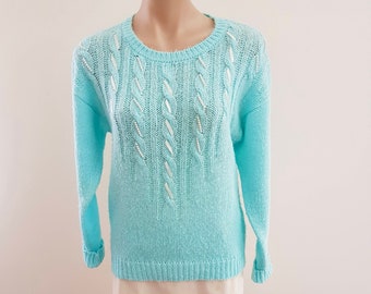 Vintage 80s Mint Green Knit Jumper, Ribbon Pearl Detail, Premier Vision, Size AU 10