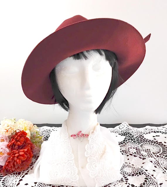 Vintage 90s Burgundy Red Wide Brim Wool Hat - Etsy