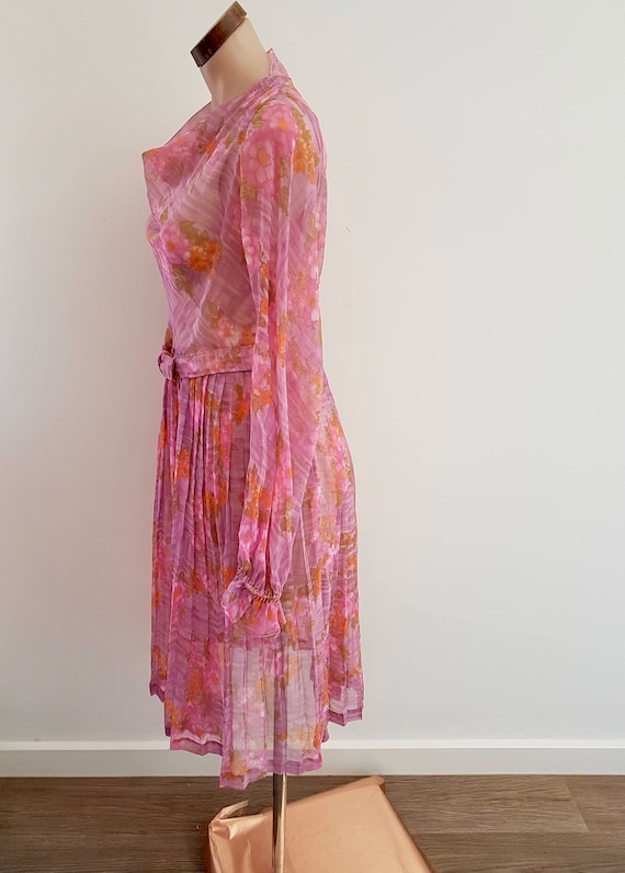 Vintage 60s 70s Pink Floral Sheer Dress with Belt… - image 3