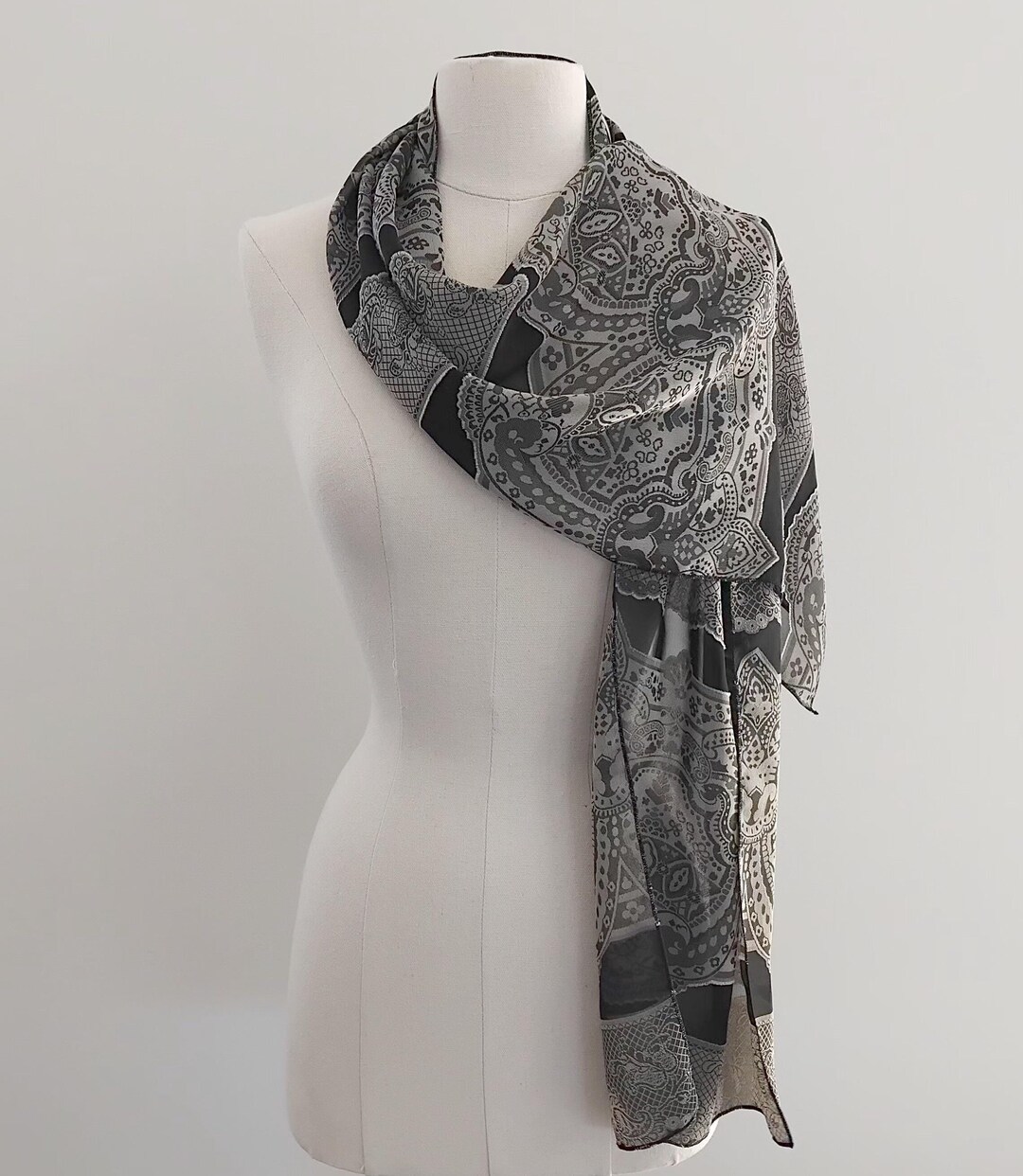 Vintage 80s 90s Black Grey Paisley Rectangle Scarf, Gregory Ladner