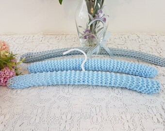 Vintage Mid Century 3 Blue Knitted Crochet Coathangers Clotheshangers