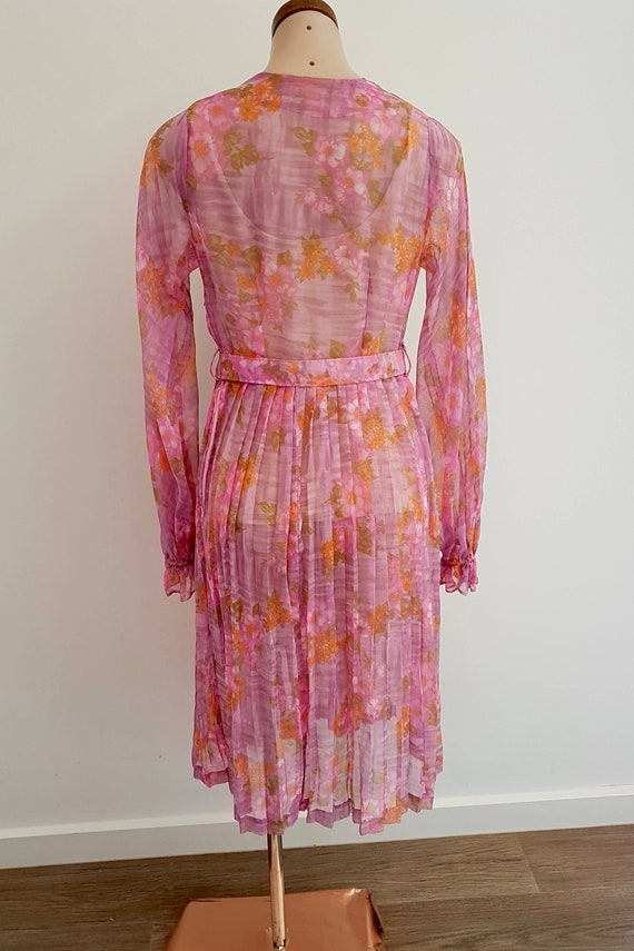 Vintage 60s 70s Pink Floral Sheer Dress with Belt… - image 4