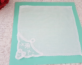 Vintage Antique Very fine Cotton and Lace White Ladies Handkerchief