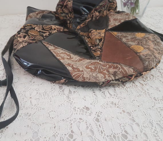 Vintage 80s Black Beige Patchwork Leather Fabric … - image 5