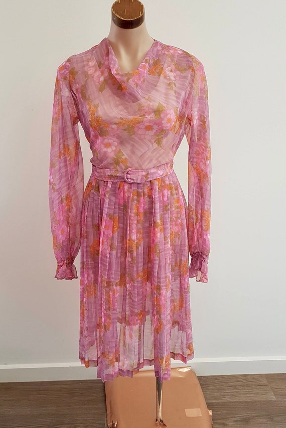 Vintage 60s 70s Pink Floral Sheer Dress with Belt… - image 1