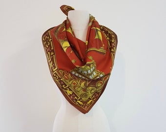 Vintage 70s 80s Bronze Galleon Sailing Ship Square Scarf, Veronique