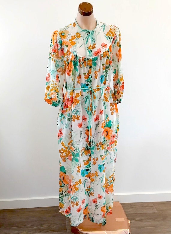 Vintage 70s Green Orange Floral Button Through Dressing Gown With Belt, Size 10
