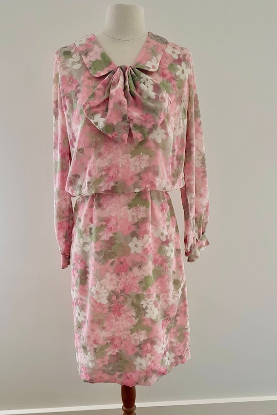 Vintage 60s 70s Pink Floral Blouson Dress, Norma T