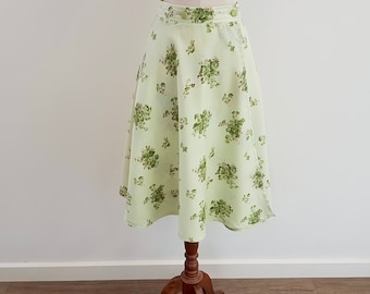 Vintage 70s Green Floral A Line Wrap Skirt, Australian Made, Size 8