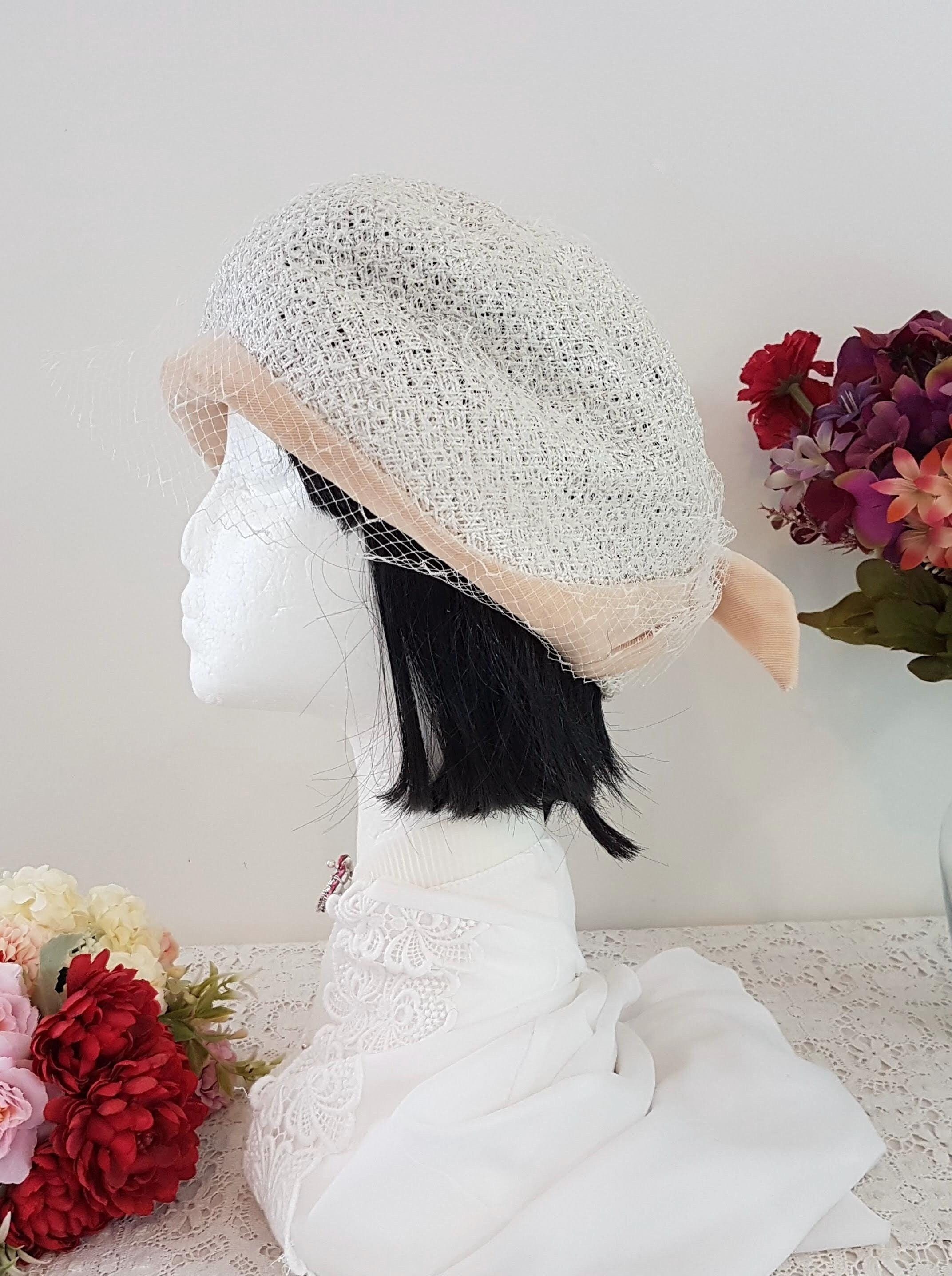 Vintage 50s Cream Beige Raffia Hat With Net and Bow, Sanba 