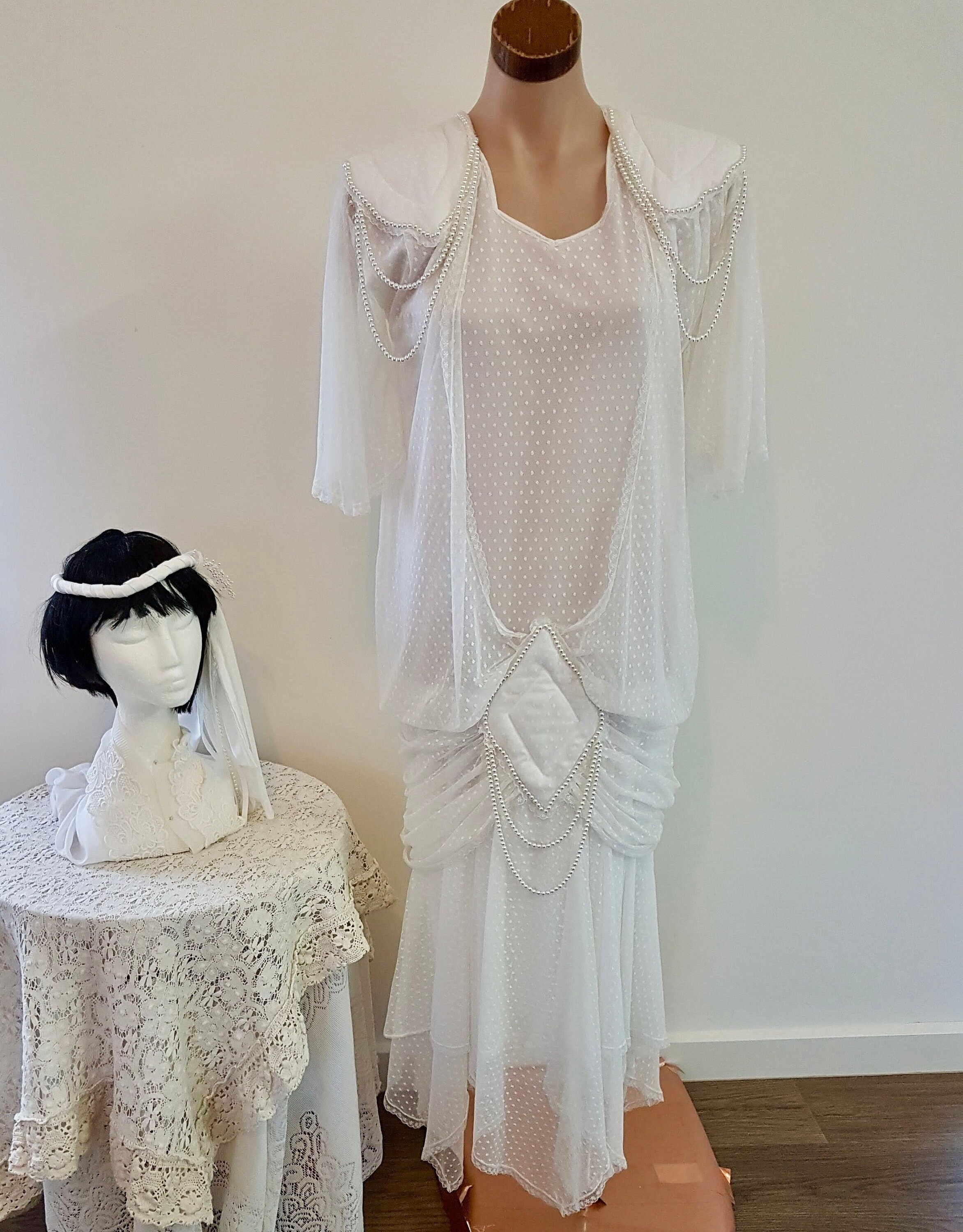 Vintage 20s Flapper Style White Lace Wedding Dress and Headband, Australian Handmade