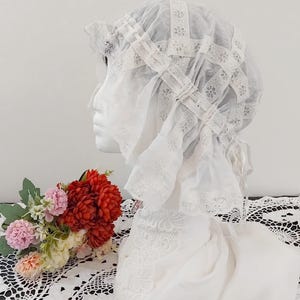 Antique 19th Century White Cotton Maid Servant Mob Cap Bonnet