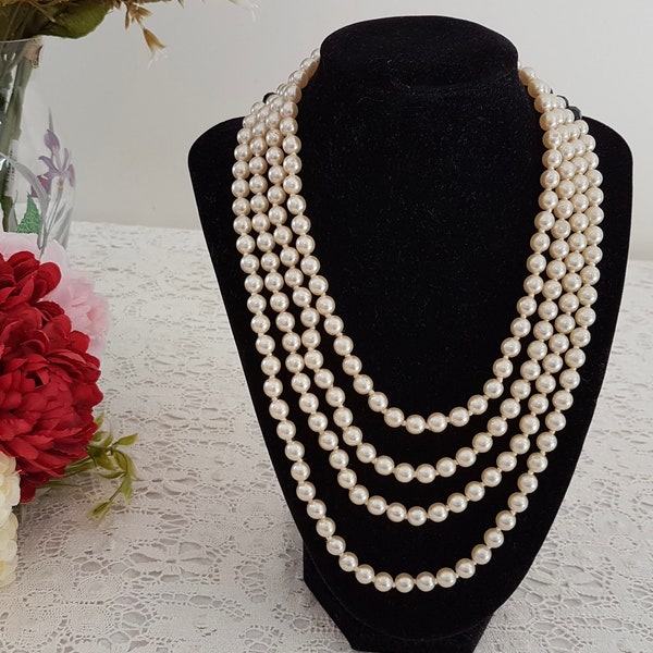 Vintage 60s Jet Black and Faux Pearl 4 Strand Glass Bead Necklace, Costume Jewellery