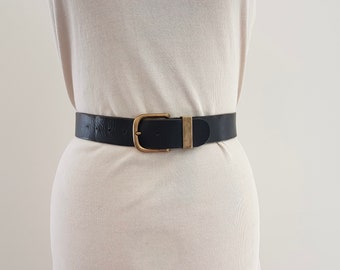 Vintage 70s Black Leather Fashion Belt with Brass Buckle, Made in Italy 83cm long