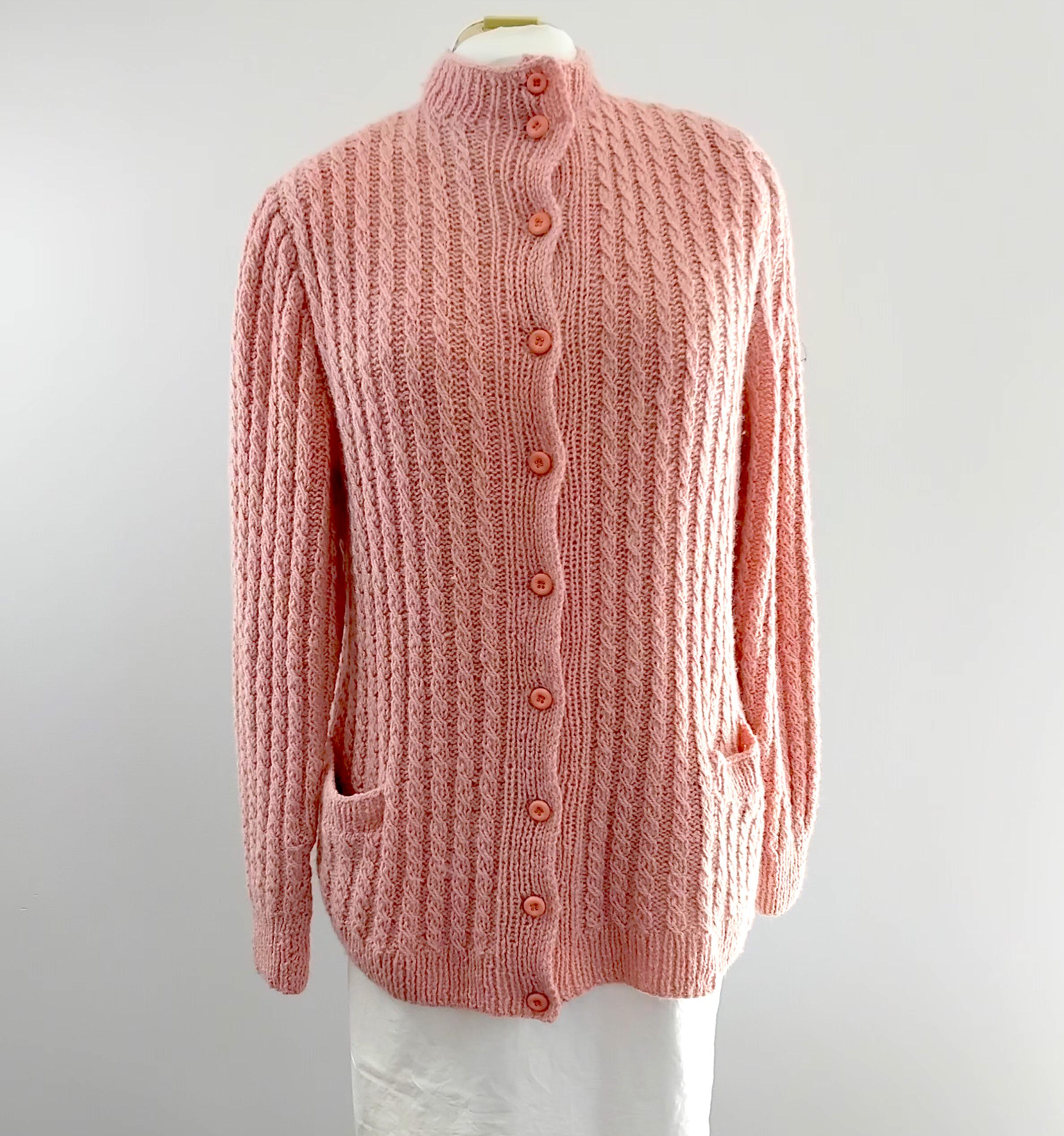 Vintage 70s 80s Pink Hand Knitted Cable High Neck Cardigan, Australian Made Size 12