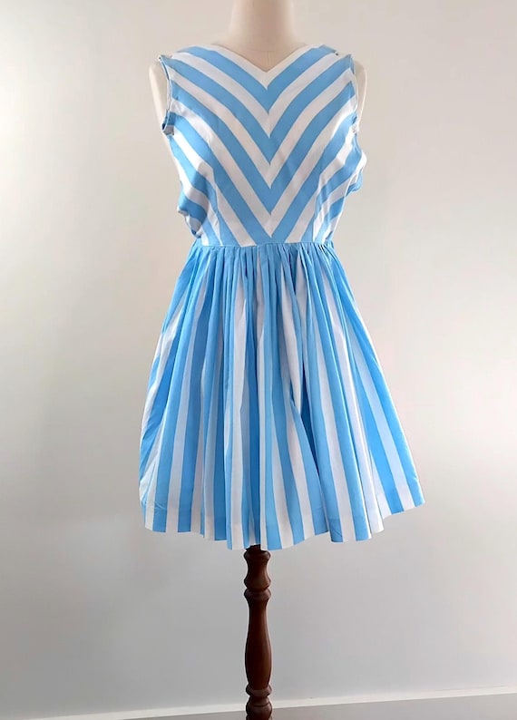 50s cotton dress Vintage 50s Blue White Stripe Full Skirt Cotton Dress, Size 4-6