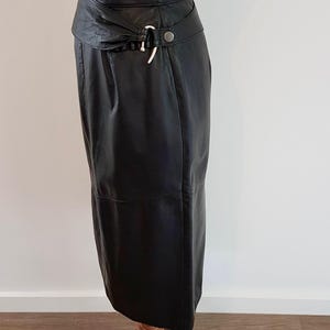 Vintage 80s Black Real Leather Pencil Skirt with Belt, Australian Made Size 6-8