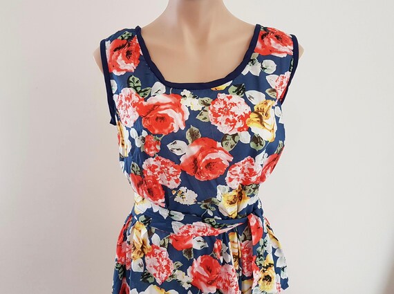 red and blue floral dress