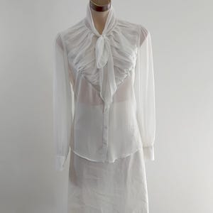 Vintage Retro White Sheer Crepe Long Sleeve Blouse with Bow Tie Collar, Size 10