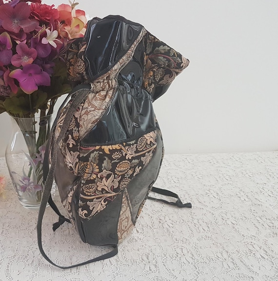 Vintage 80s Black Beige Patchwork Leather Fabric … - image 3