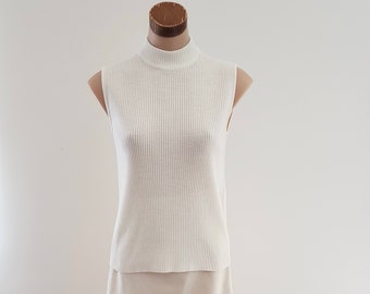 Vintage 60s 70s Cream Mock Turtle Neck Knit Sleeveless Jumper, Size 10