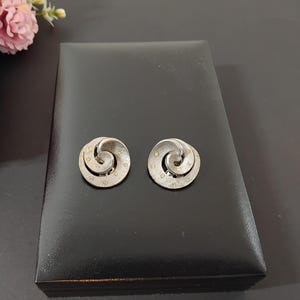 Vintage circa 80s Silver Tone Round Spiral Clip On Earrings, Costume Jewellery