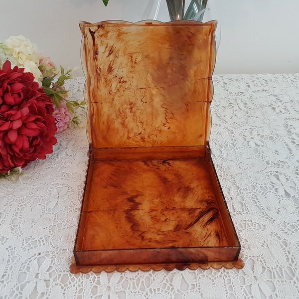 Vintage Mid Century Faux Amber Celluloid Jewellery Box with Hinged Lid