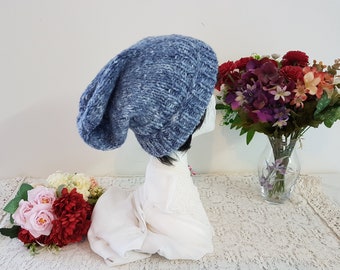 The 3Rs Hand Knitted Blue Beanie Hat, Australian Handmade Recycled Yarn