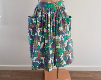 Vintage 50s Rainbow Castle Print Rockabilly Skirt with Pockets, Australian Handmade size 10
