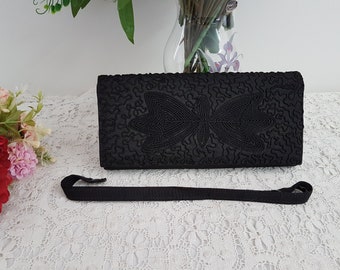 Vintage 80s does 60s Black Butterfly Embroidered Evening Bag, Clutch Bag, Removable Handle