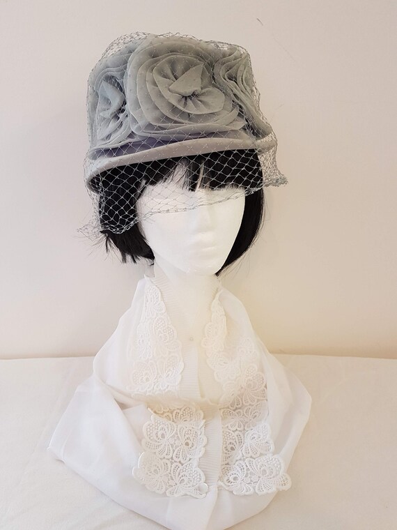 Vintage 50s Grey Rosette Veiled Hat, Ultra Hats, A