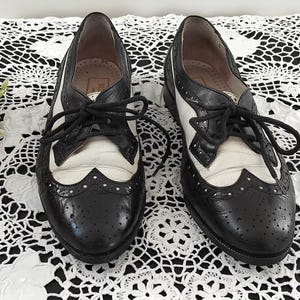 Vintage 90s Black White Brogue Oxford Lace Up Shoes, Size 6.5 Bellesco Italy