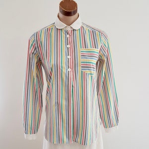 Vintage 70s Rainbow Stripe Long Sleeve Cotton Shirt Blouse, Size 8