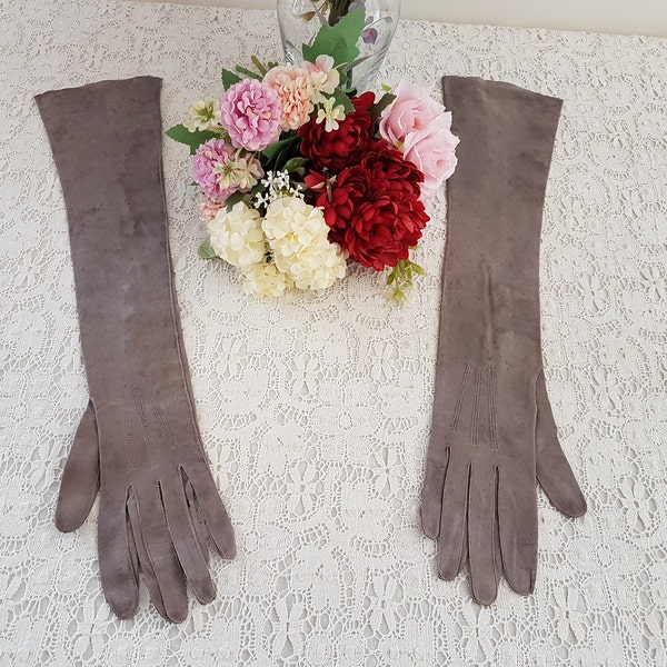 Vintage 50s Grey French Kid Leather Gloves, Long Elbow Length, Made in France, Size 6 3/4