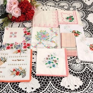 UNUSED x 9 Vintage Retro Pink Floral Handkerchiefs