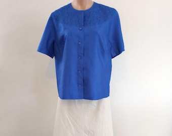 Vintage 70s Blue Taffeta Cocktail Blouse Size 12, Australian Made