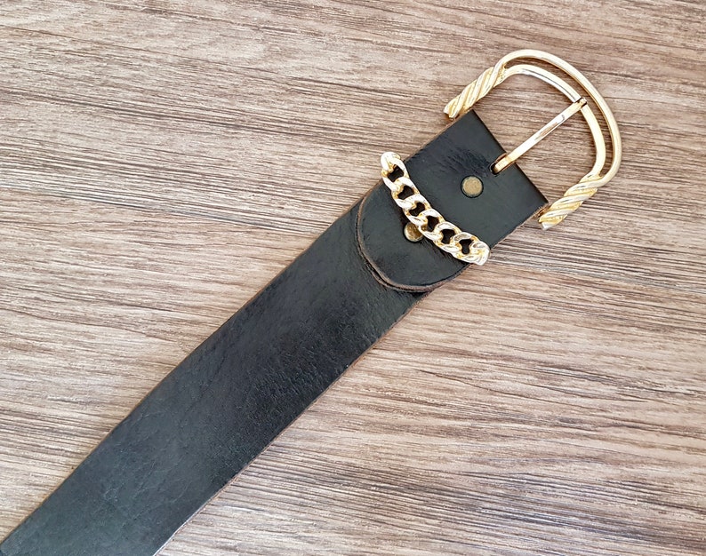 Vintage 70s 80s Black Leather Fashion Belt with Metal Buckle, 93cm long zdjęcie 5