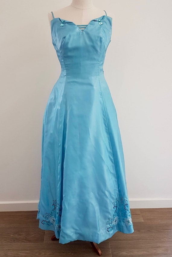 Vintage 50s Ice Blue Organza Beaded Low Back Ball 