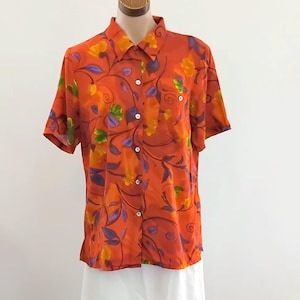 Vintage 90s Bright Red Orange Floral Hawaiian Style Blouse, size 10