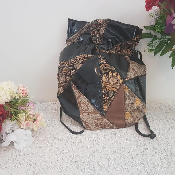 Vintage 80s Black Beige Patchwork Leather Fabric … - image 1