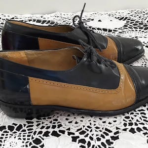 Vintage 30s Style Black Beige Brogue Oxford Lace Up Shoes, Size 6.5 Gisberto Valori