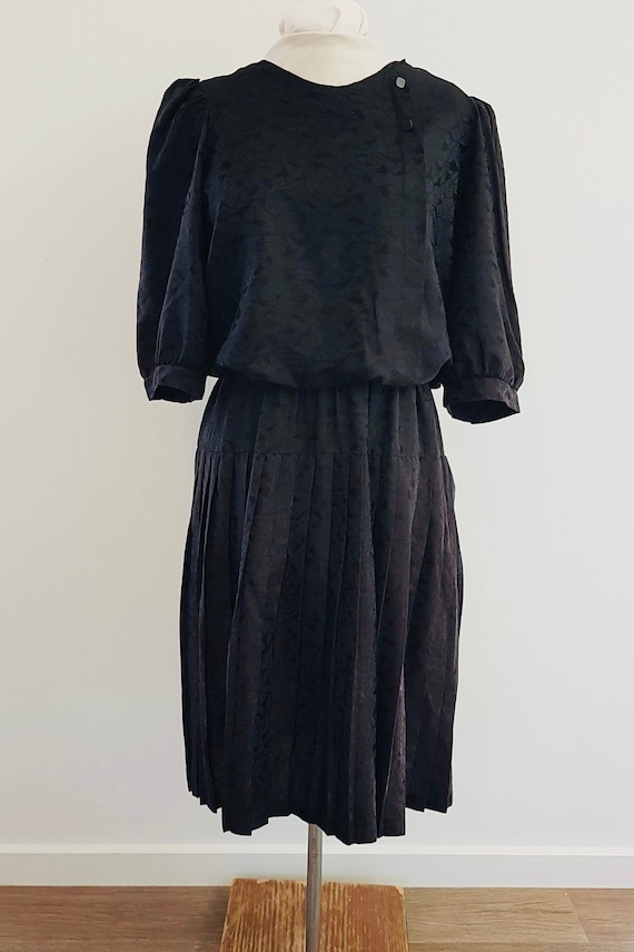 Vintage 80s Black Satin Blouson Dress, J M II New 