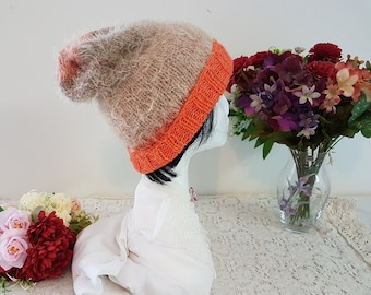 The 3Rs Hand Knitted Soft Fluffy Orange Beige Beanie, Australian Handmade Recycled Yarn