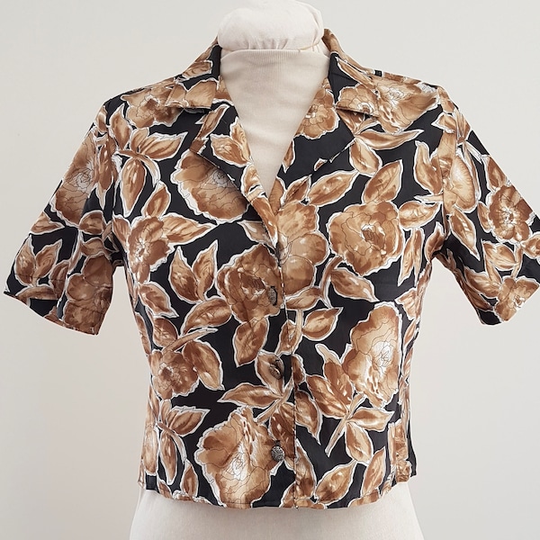 Vintage 80s Beige Black Floral Cropped Blouse, Lauren Lee, Size AU 10