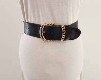 Vintage 70s 80s Black Leather Fashion Belt with Metal Buckle, 93cm long