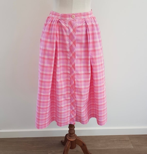 Vintage 60s Pink Check Button Through Skirt with … - image 1